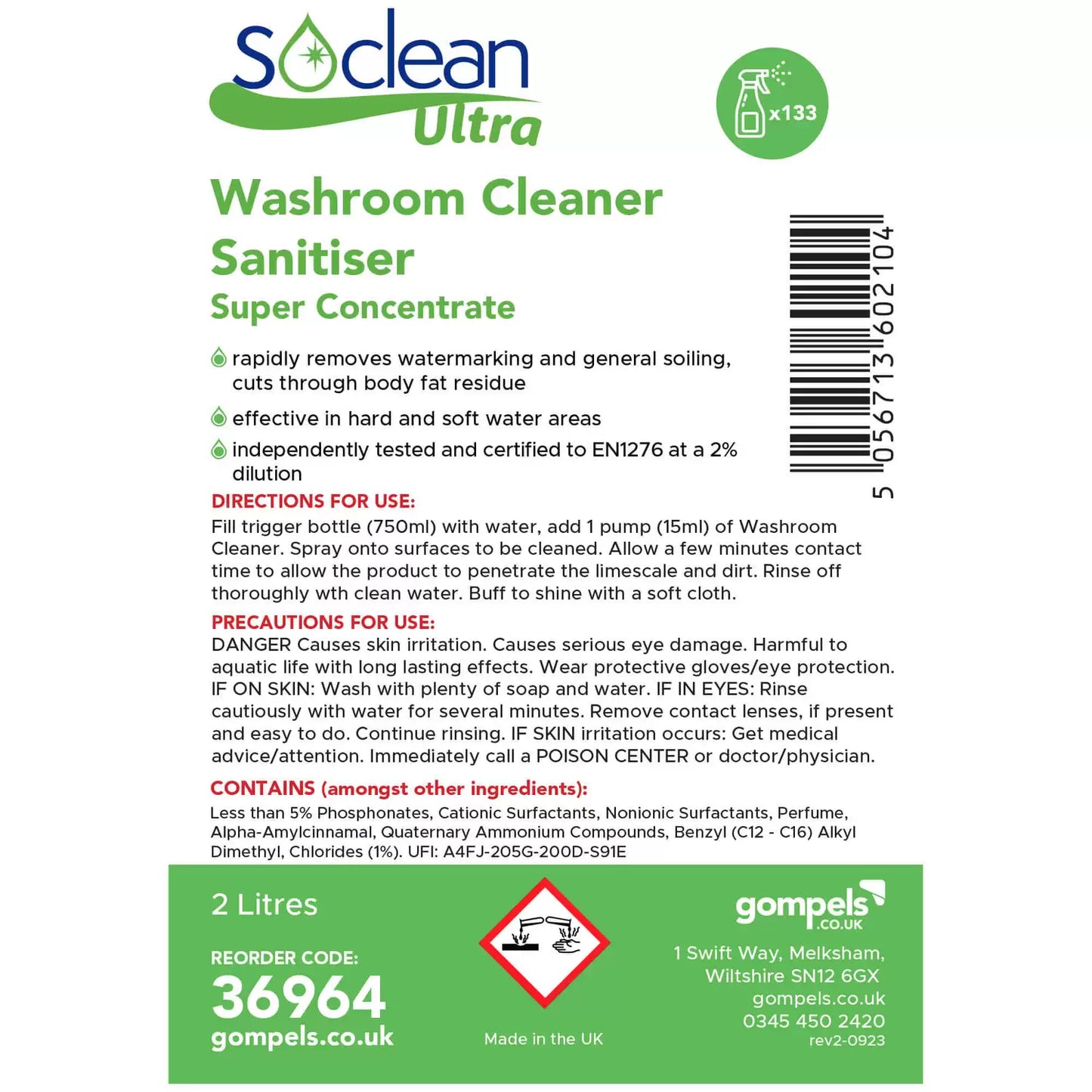 Soclean Ultra Washroom Cleaner Sanitiser Super Concentrate 2 Litre 2 Pack