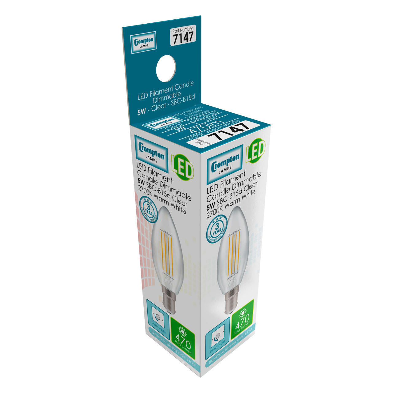 Crompton Lamps LED Candle 5W B15 Dimmable Filament Warm White Clear (40W Eqv)