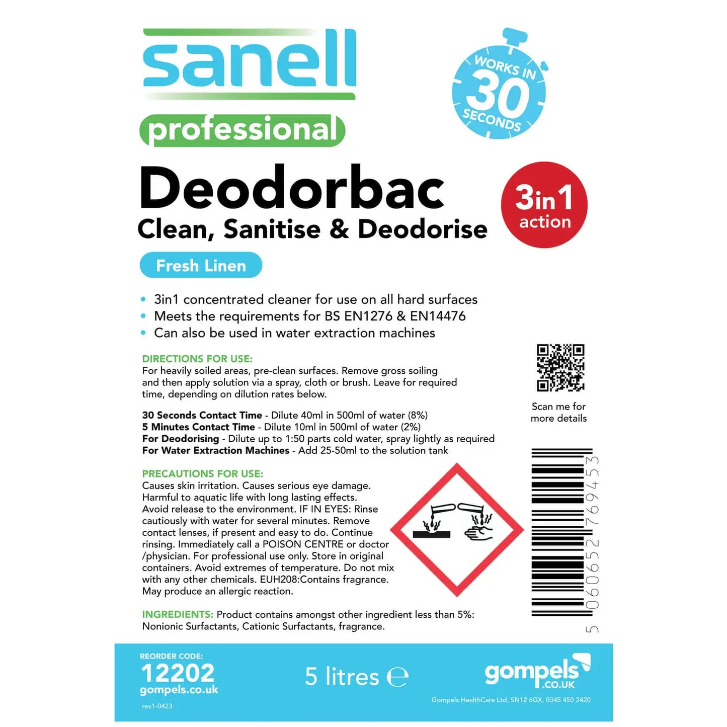 Sanell Deodorbac Cleaner Sanitiser Fresh Linen 5 Litre 2 Pack