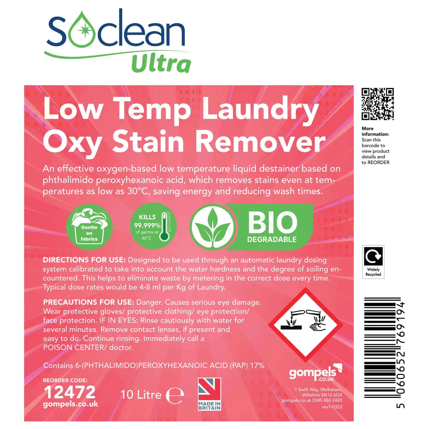 Soclean Ultra Low Temp Laundry Oxy Stain Remover 10 Litre