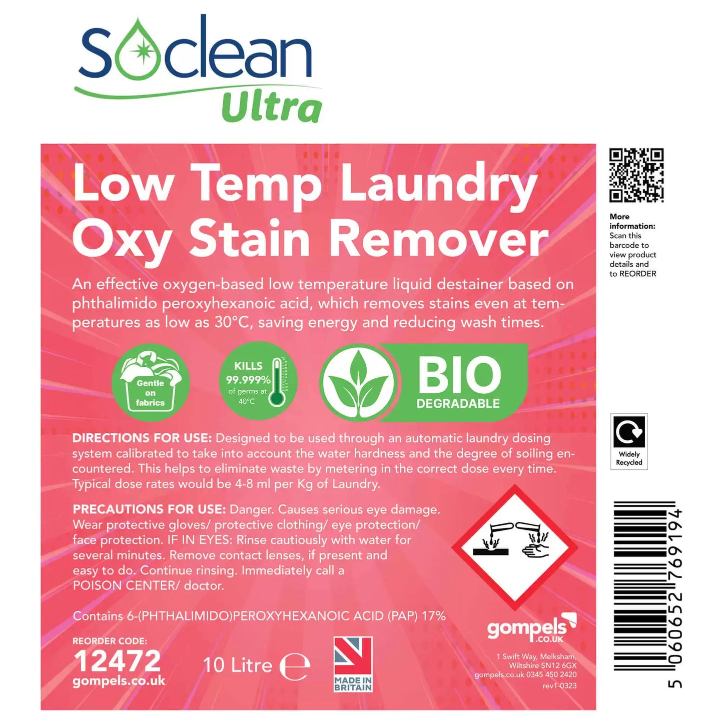 Soclean Ultra Low Temp Laundry Oxy Stain Remover 10 Litre