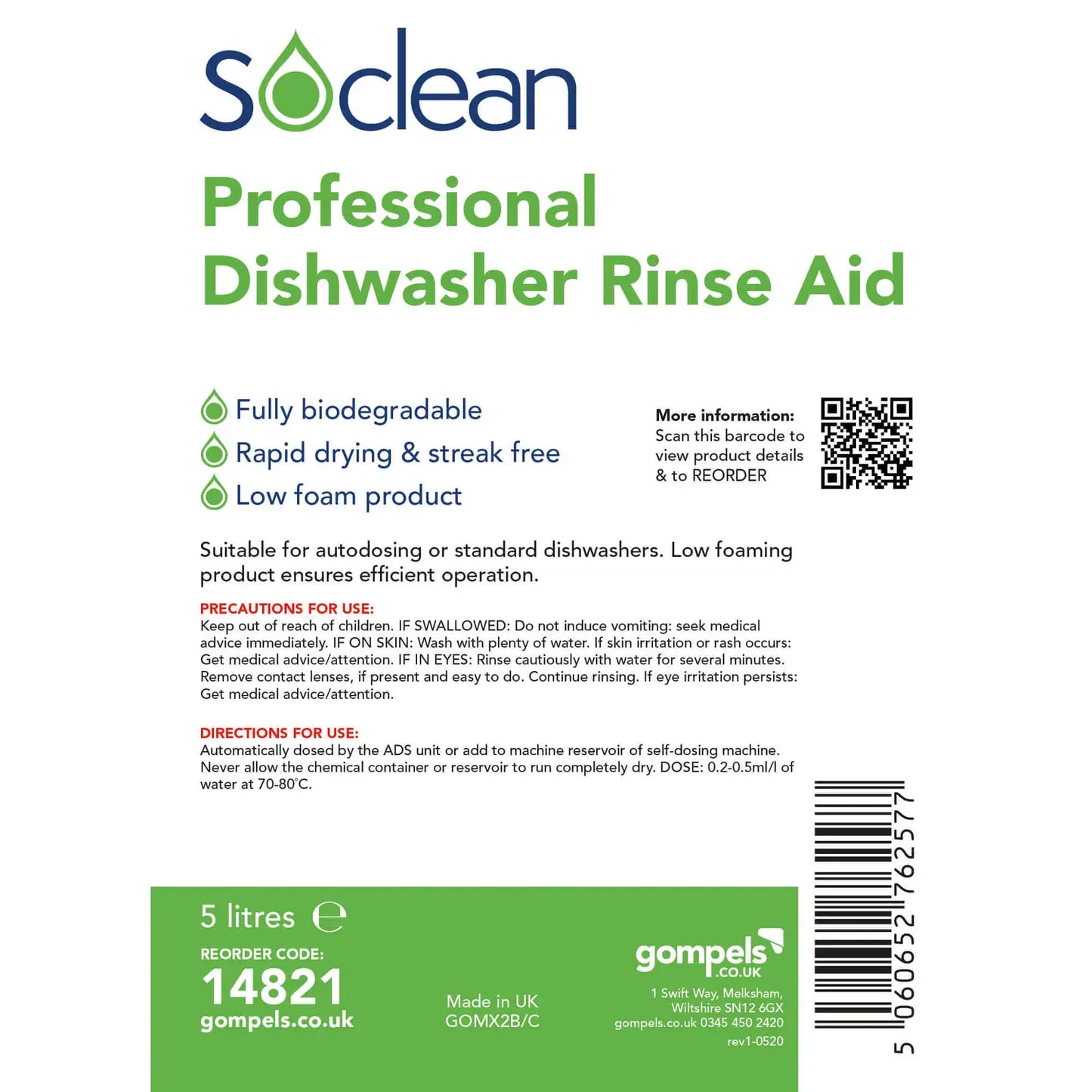 Soclean Professional Dishwasher Rinse Aid 5 Litre 2 Pack
