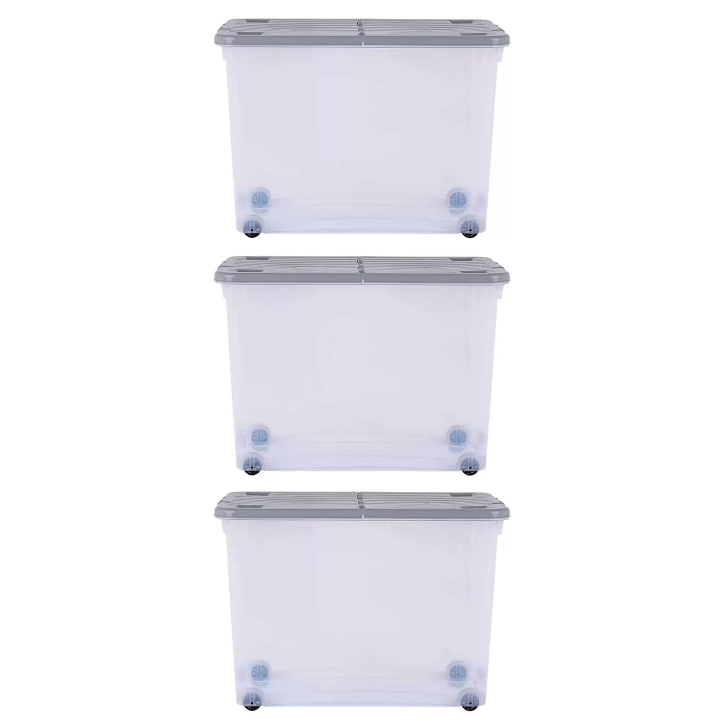 Wham Storage Box With Wheels and Folding Lid 80l Clear/Grey 3 Pack