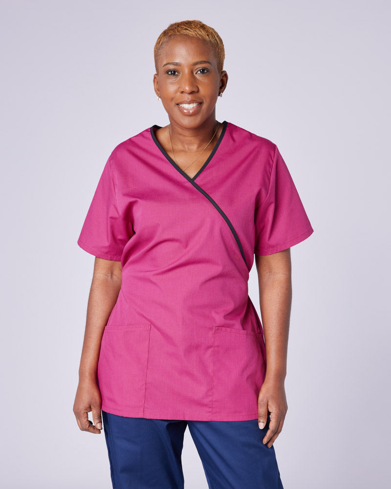 Women's Mock Wrap Scrub Top With Adjustable Tie-Back