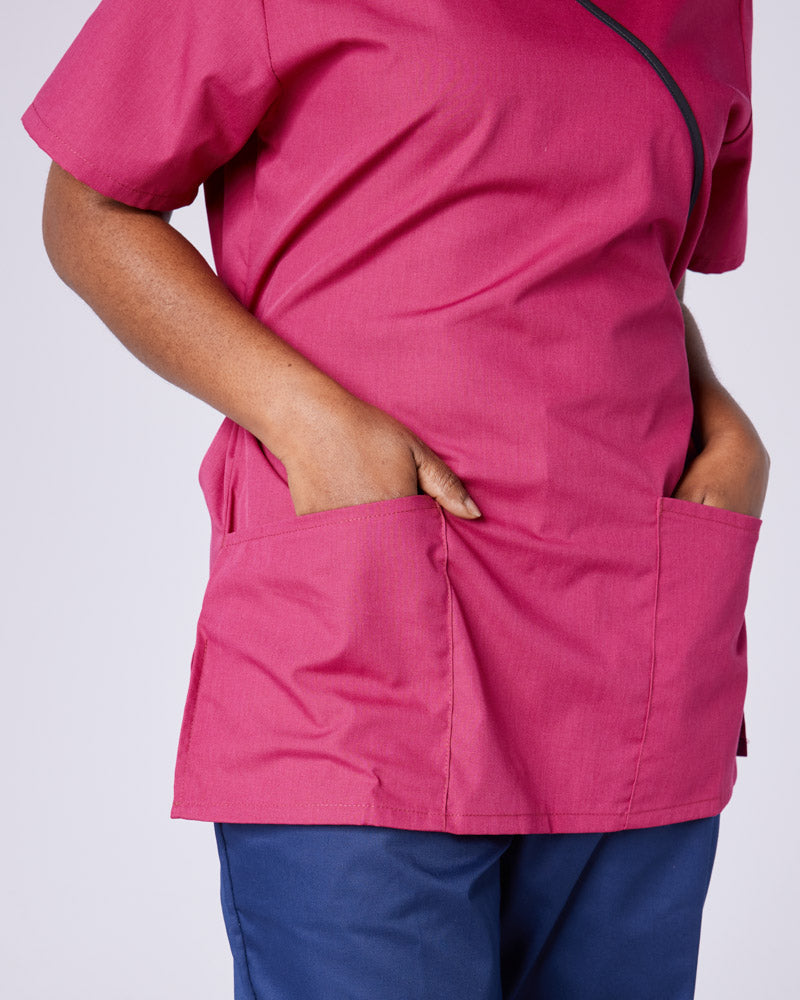 Women's Mock Wrap Scrub Top With Adjustable Tie-Back