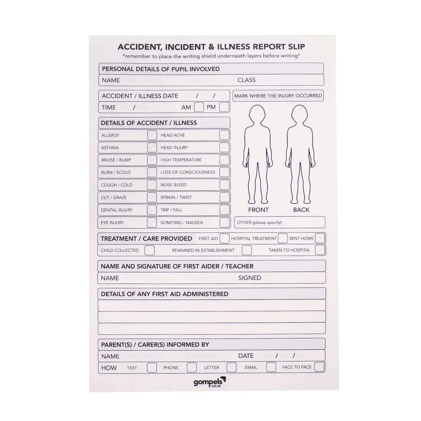 A5 Pupil Duplicate Accident Report Pad 50 Sets
