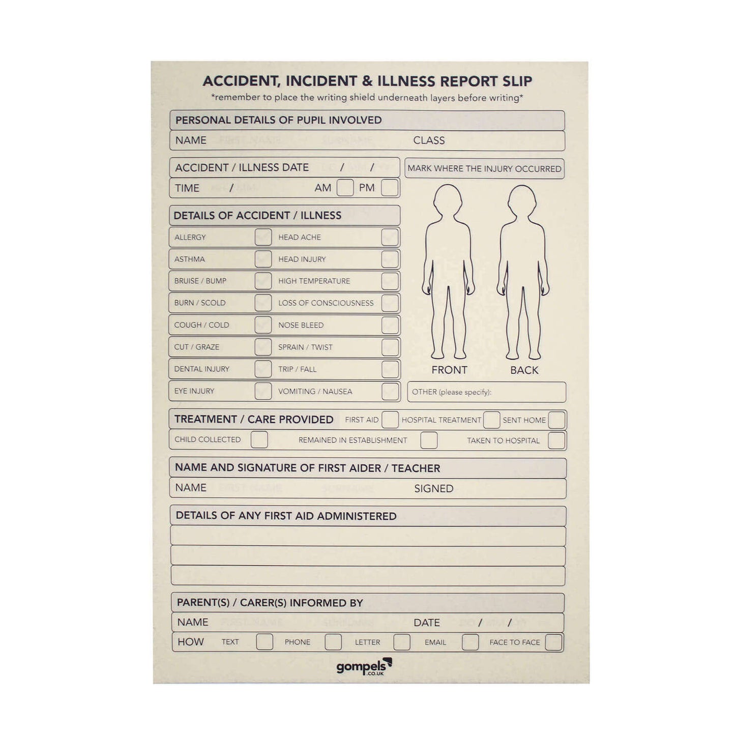 A5 Pupil Duplicate Accident Report Pad 50 Sets